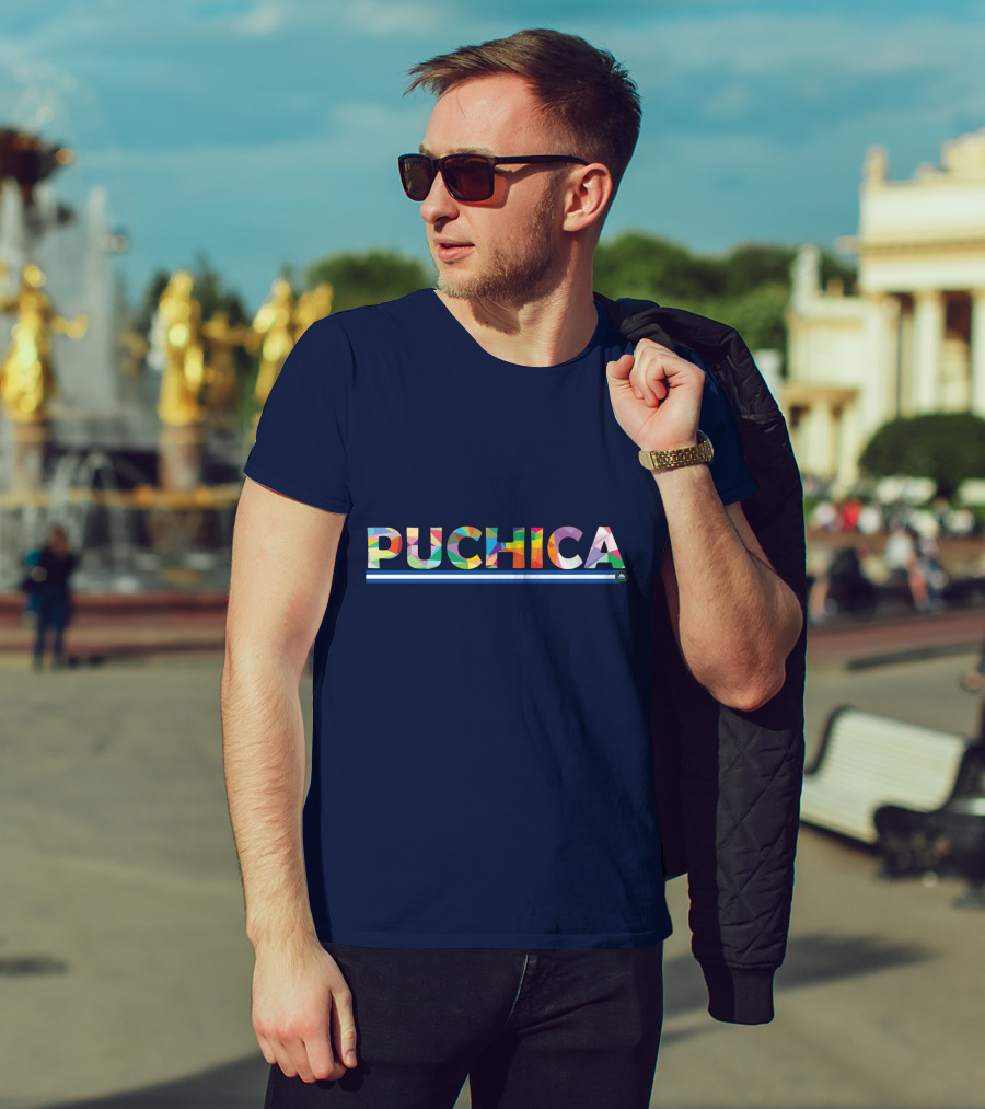 PUCHICA Multicolor Text With Blue And White Stripe T-Shirt