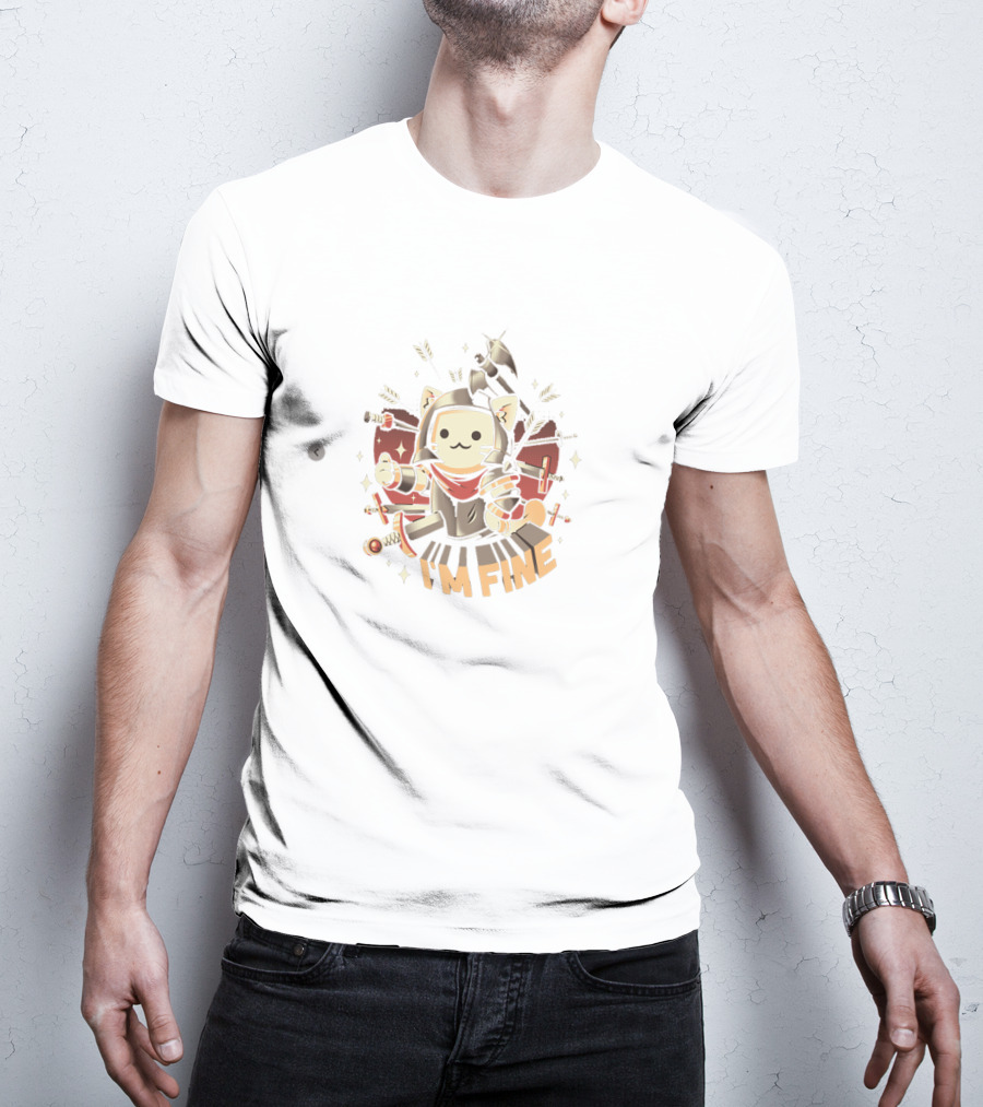 I'm Fine Cat Armored Warrior Surrounded By Weapons T-Shirt