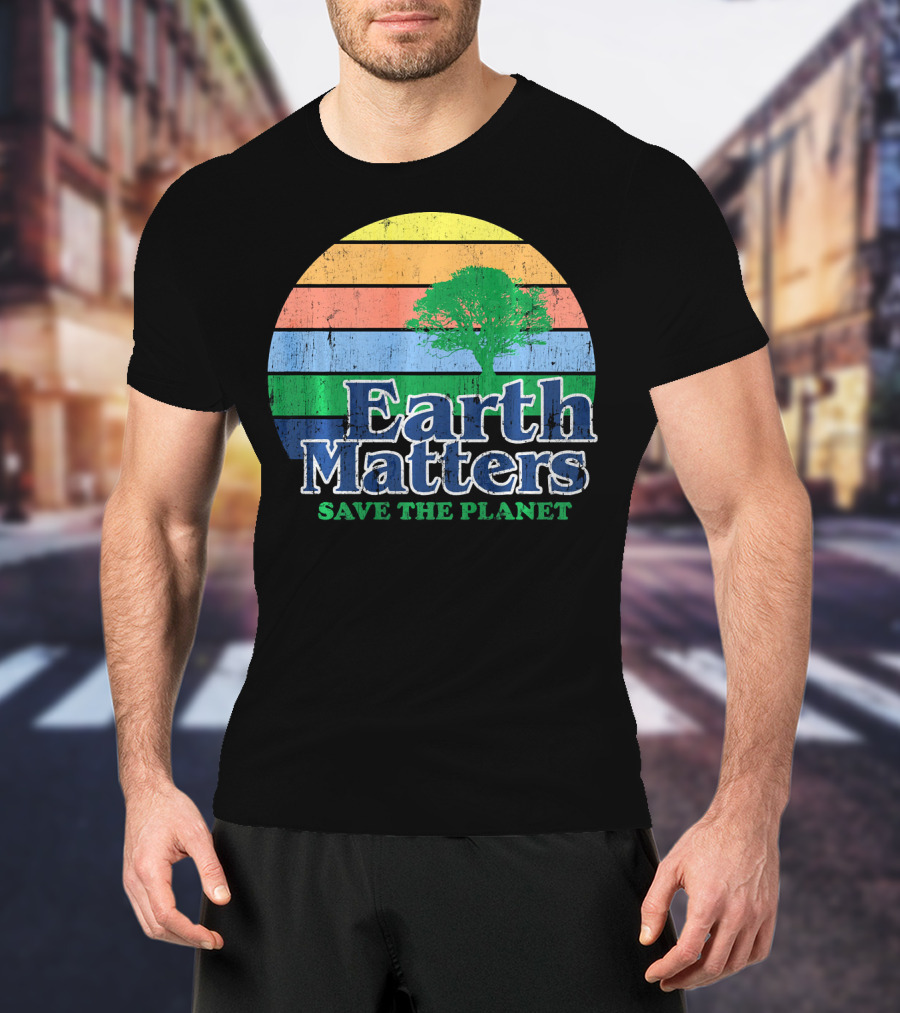 Earth Matters Save The Planet Earth Day Tree Retro Sunburst T-Shirt