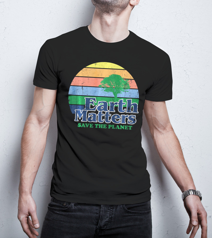 Earth Matters Save The Planet Earth Day Tree Retro Sunburst T-Shirt