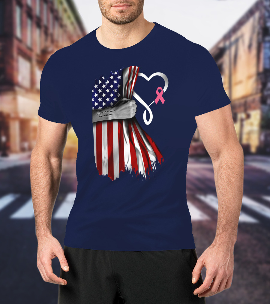 Breast Cancer Awareness American Flag Heart T-Shirt