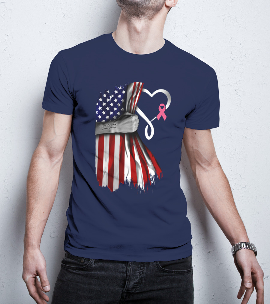 Breast Cancer Awareness American Flag Heart T-Shirt