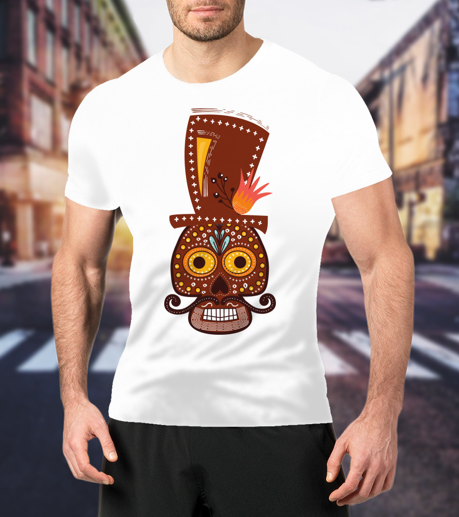 Skull Series 156 Colorful Day Of The Dead Sugar Skull Top Hat Mustache T-Shirt