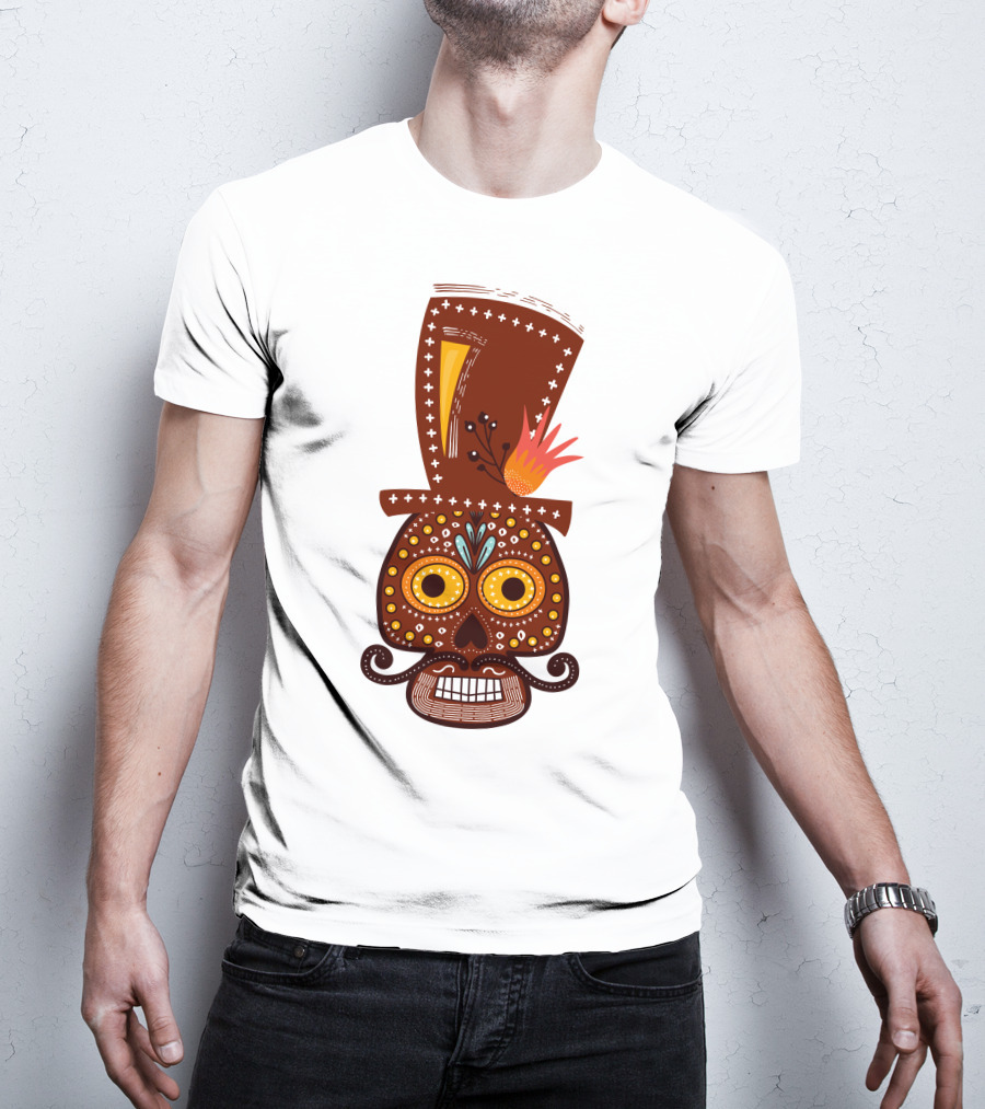 Skull Series 156 Colorful Day Of The Dead Sugar Skull Top Hat Mustache T-Shirt