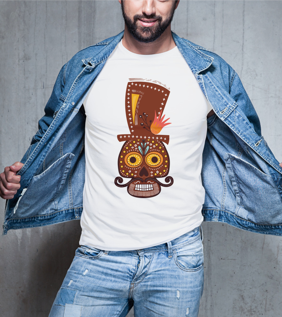 Skull Series 156 Colorful Day Of The Dead Sugar Skull Top Hat Mustache T-Shirt