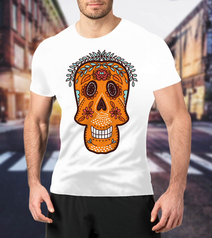 Skull Smile Sugar Skull Floral Día De Los Muertos T-Shirt