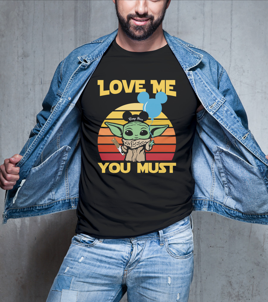 Love ME You Must Baby Yoda Mickey Ears Balloon Vintage Stripes T-Shirt