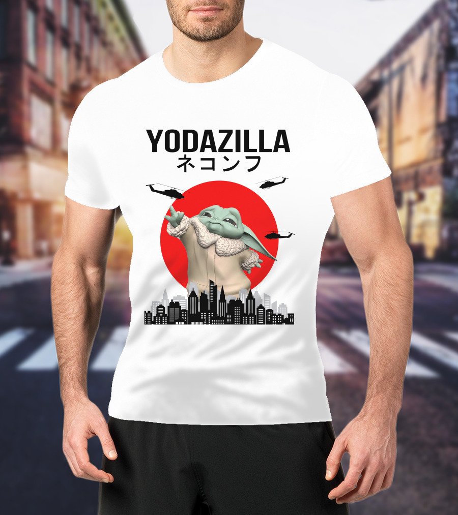 Yodazilla Helicopters City Skyline Red Sun T-Shirt