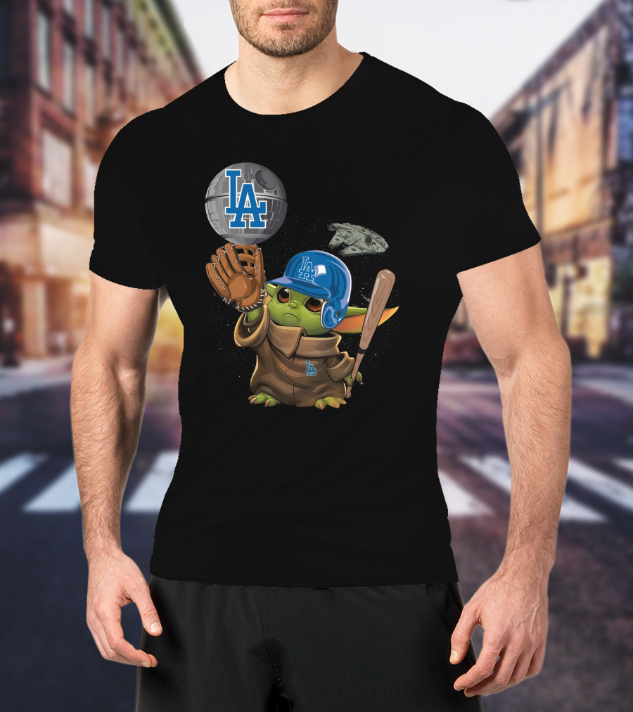 LA Baby Yoda Star War Baseball Dodgers Millennium Falcon T-Shirt