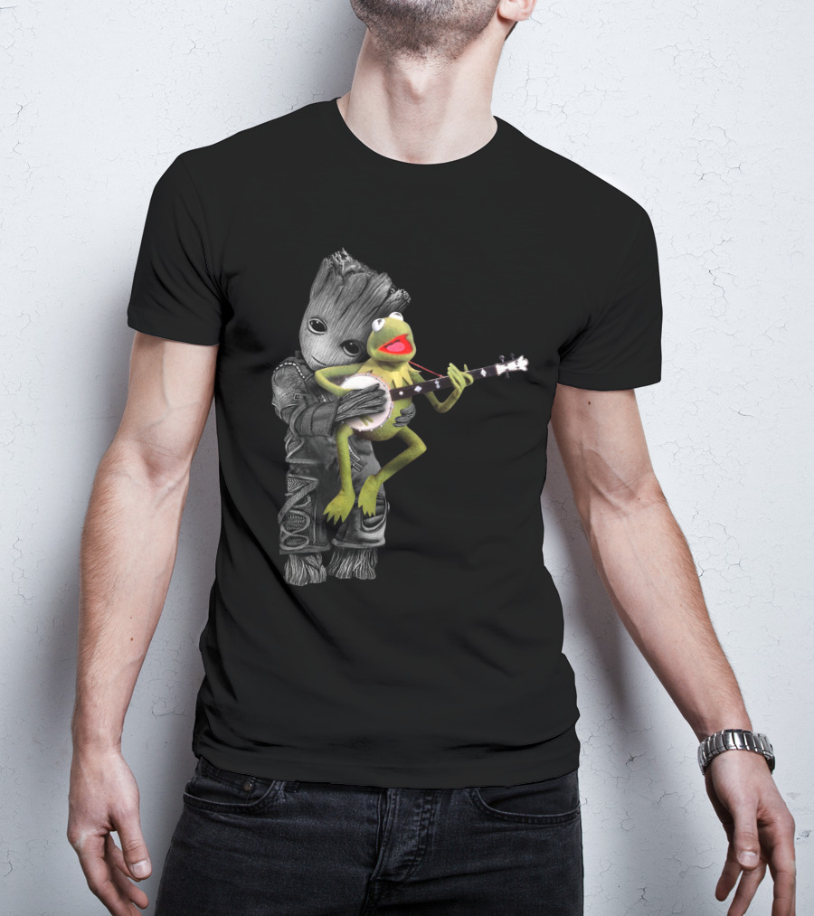 Groot Hugging Kermit Playing Banjo T-Shirt