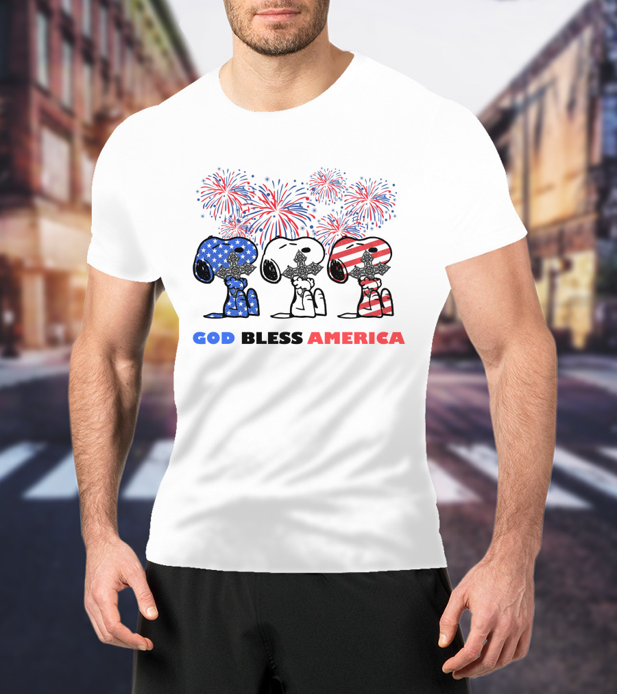 God Bless America Snoopy Cross Fireworks Fourth Of July T-Shirt