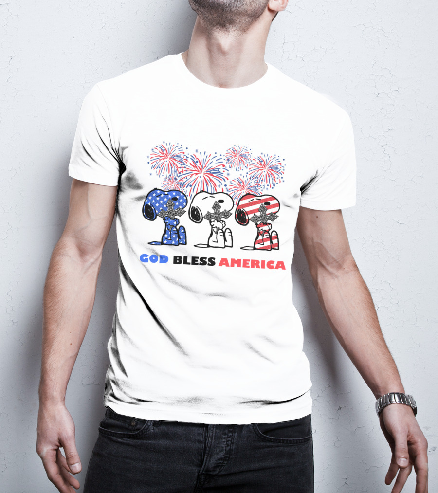 God Bless America Snoopy Cross Fireworks Fourth Of July T-Shirt