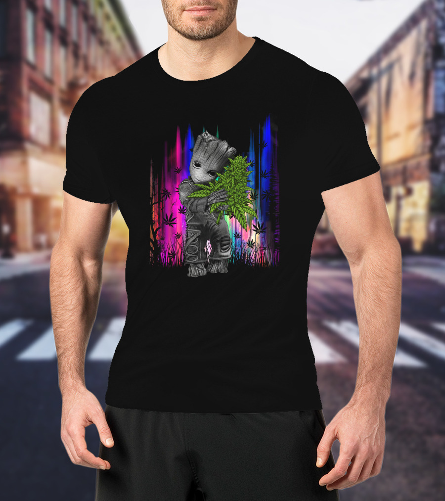 Love Hug Groot Cannabis Hugging Rainbow Background T-Shirt