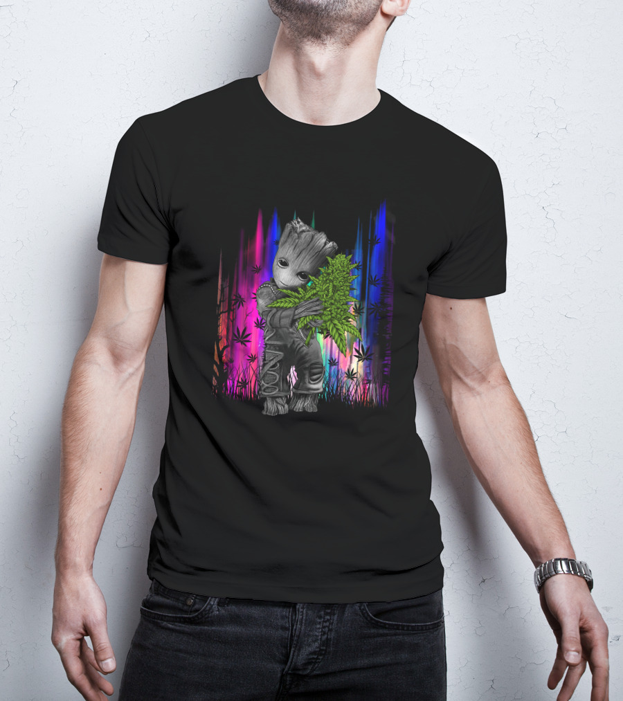 Love Hug Groot Cannabis Hugging Rainbow Background T-Shirt