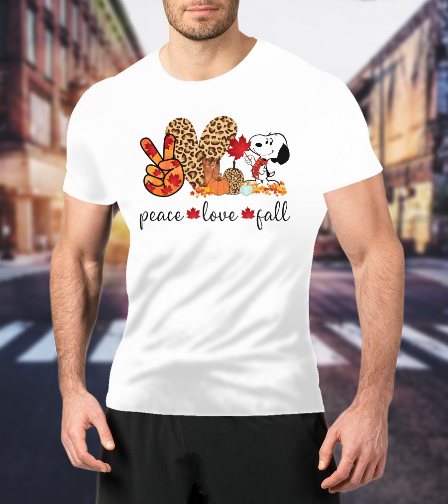 Peace Love Fall Snoopy Leopard Print Pumpkin Leaves T-Shirt