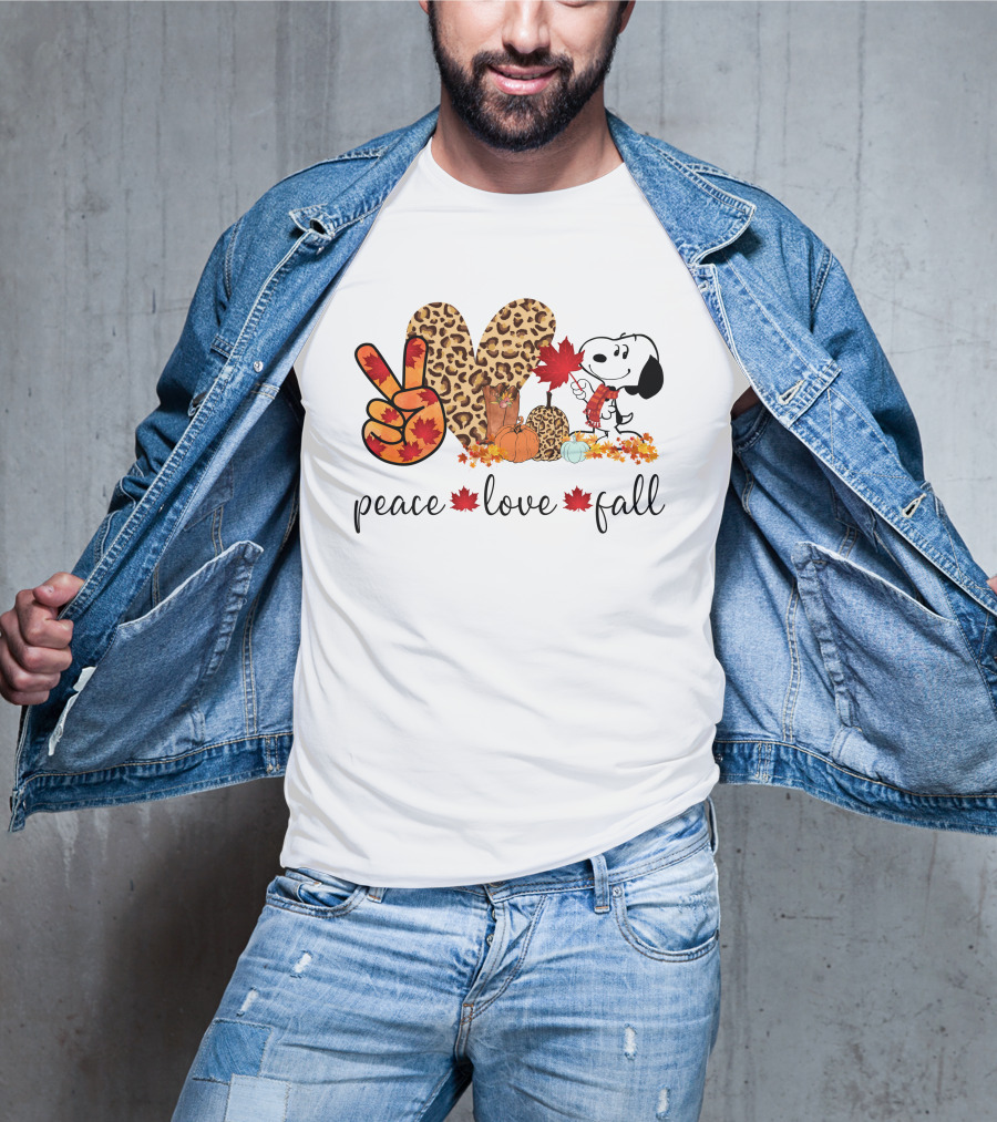 Peace Love Fall Snoopy Leopard Print Pumpkin Leaves T-Shirt