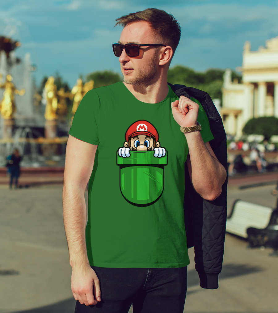 Super Mario Peeking From Green Warp Pipe T-Shirt