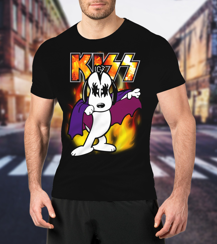 KISS Snoopy Peanuts Mashup With Flames And Comic T-Shirt