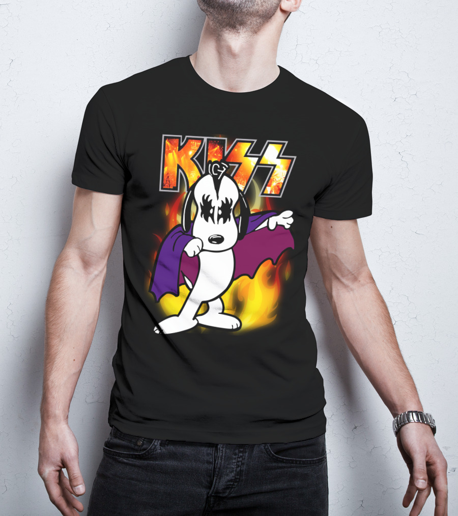 KISS Snoopy Peanuts Mashup With Flames And Comic T-Shirt
