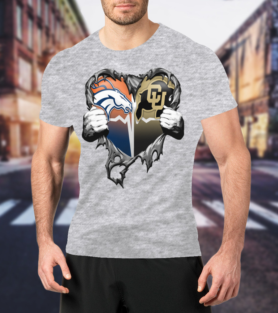 Denver Broncos And Colorado Buffaloes Heart Logo Rip T-Shirt