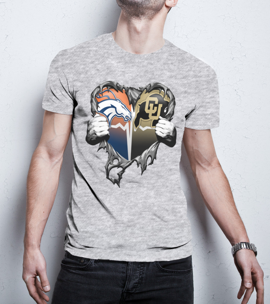 Denver Broncos And Colorado Buffaloes Heart Logo Rip T-Shirt