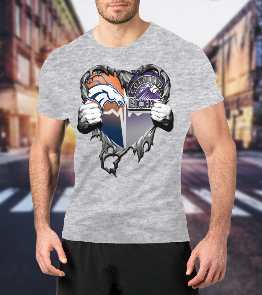 Denver Broncos Colorado Rockies Split Heart T-Shirt