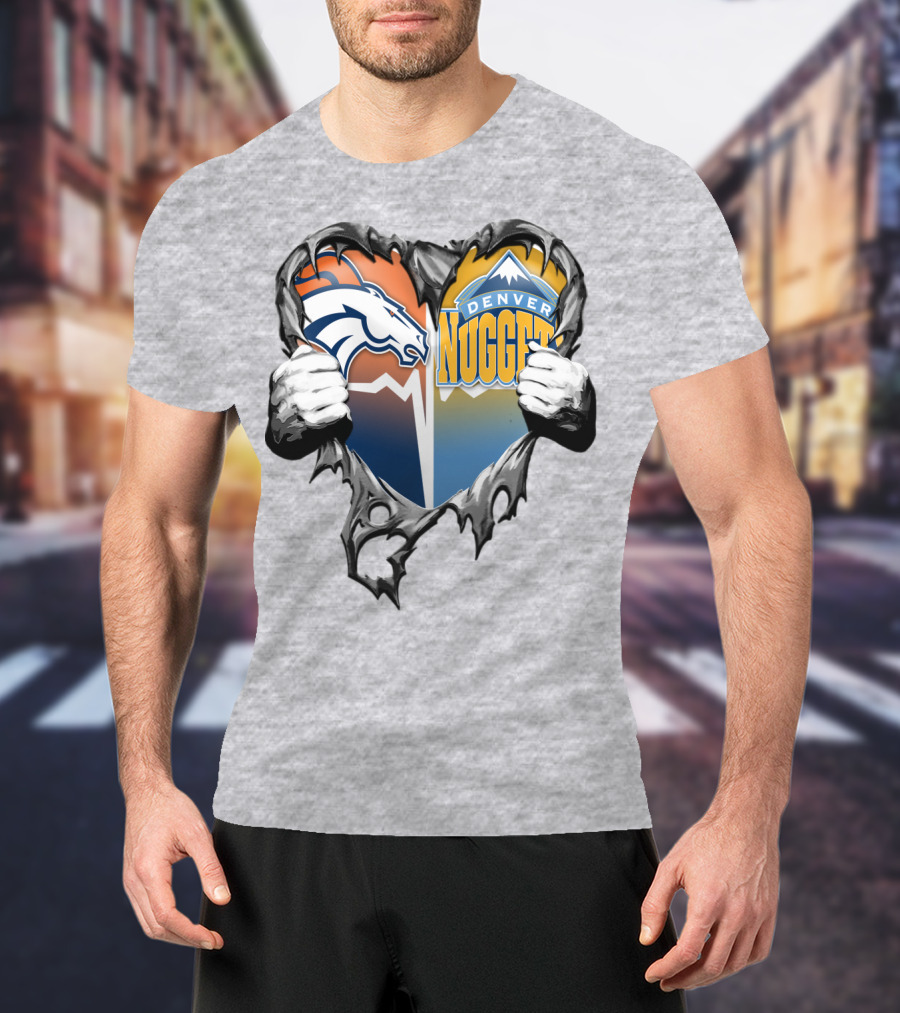 Broncos Nuggets Torn Heart Logo Fusion T-Shirt
