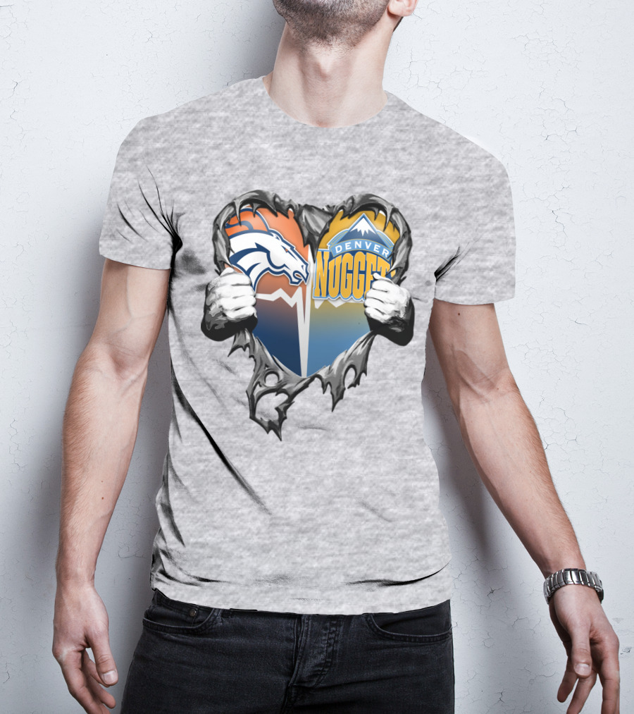 Broncos Nuggets Torn Heart Logo Fusion T-Shirt