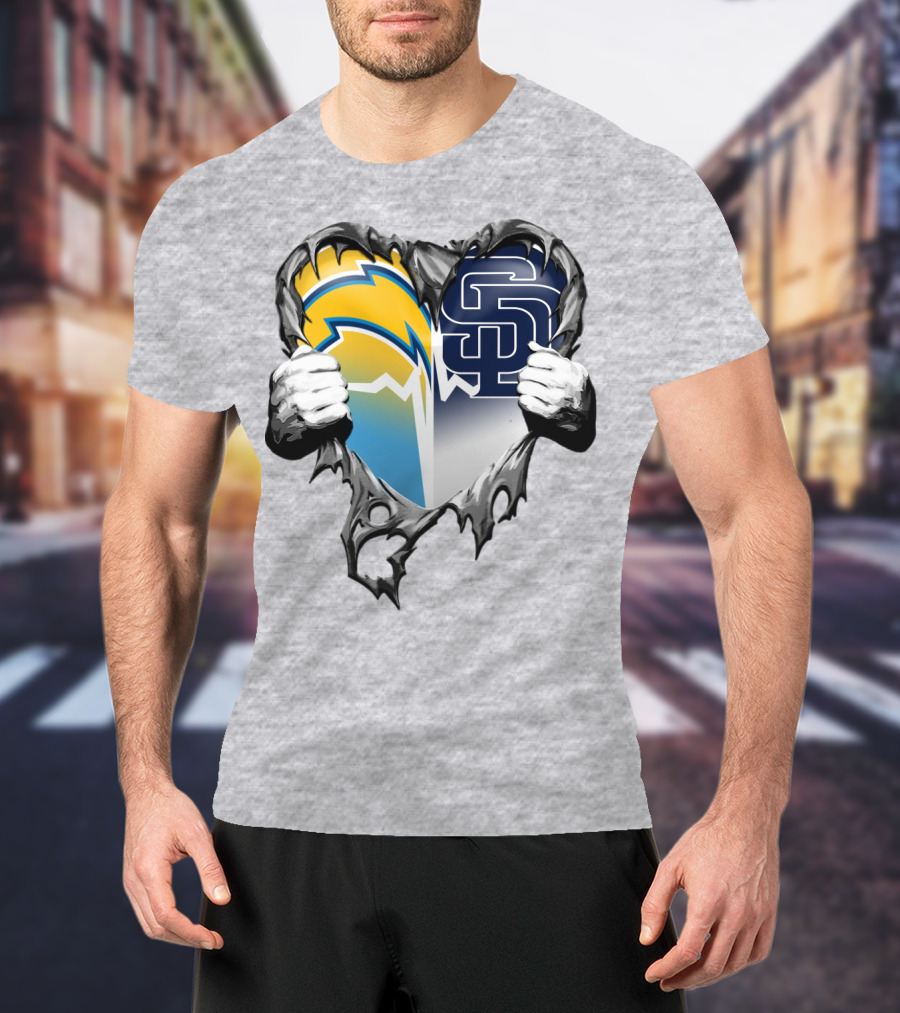 Los Angeles Chargers San Diego Padres Heart Logo Fusion T-Shirt
