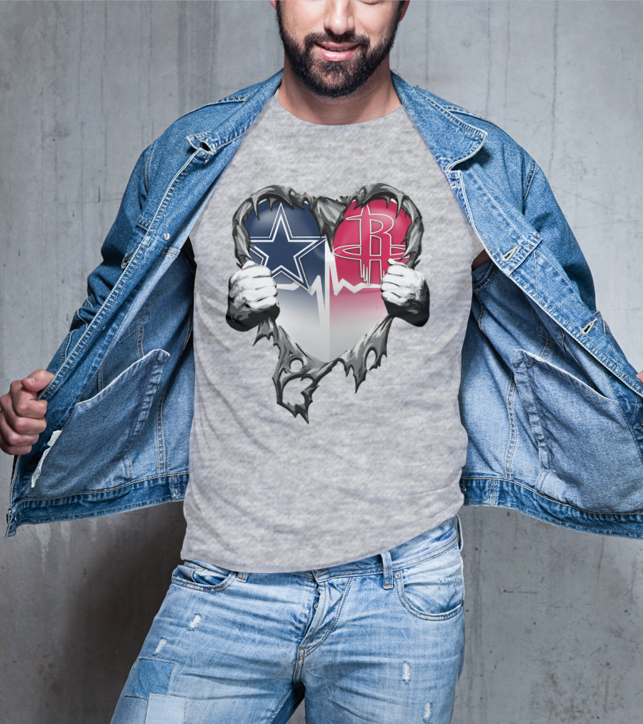 Dallas Cowboys Houston Rockets Torn Heart Logo Fusion T-Shirt
