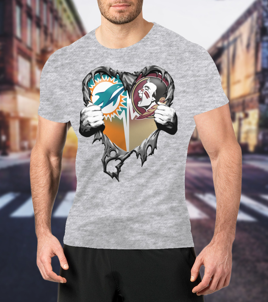 Miami Dolphins Florida State Seminoles Heart Tear T-Shirt