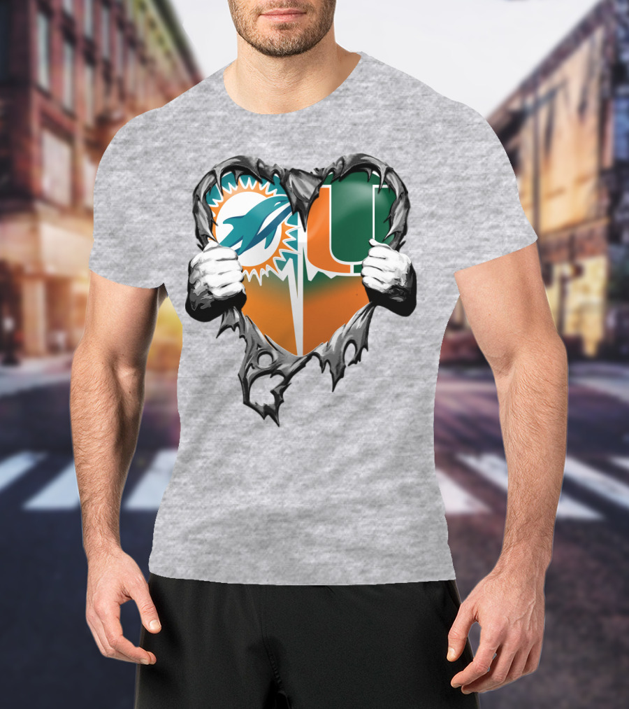 Miami Dolphins And Miami Hurricanes Heart T-Shirt