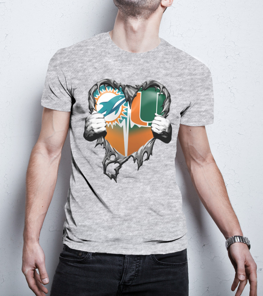 Miami Dolphins And Miami Hurricanes Heart T-Shirt