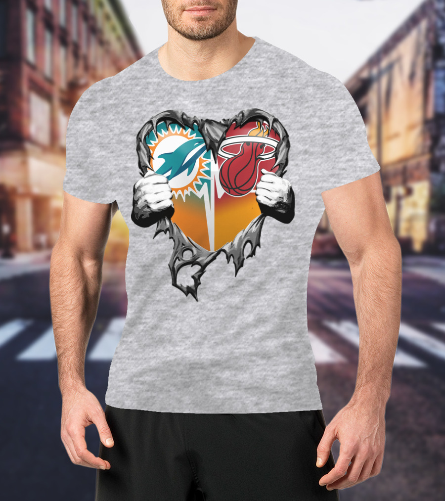 Miami Dolphins Miami Heat Heart Hands T-Shirt