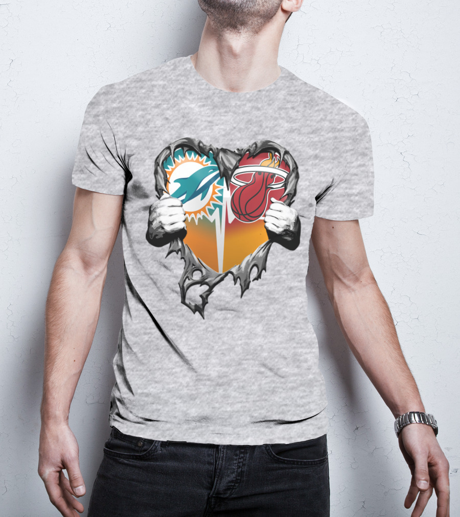 Miami Dolphins Miami Heat Heart Hands T-Shirt