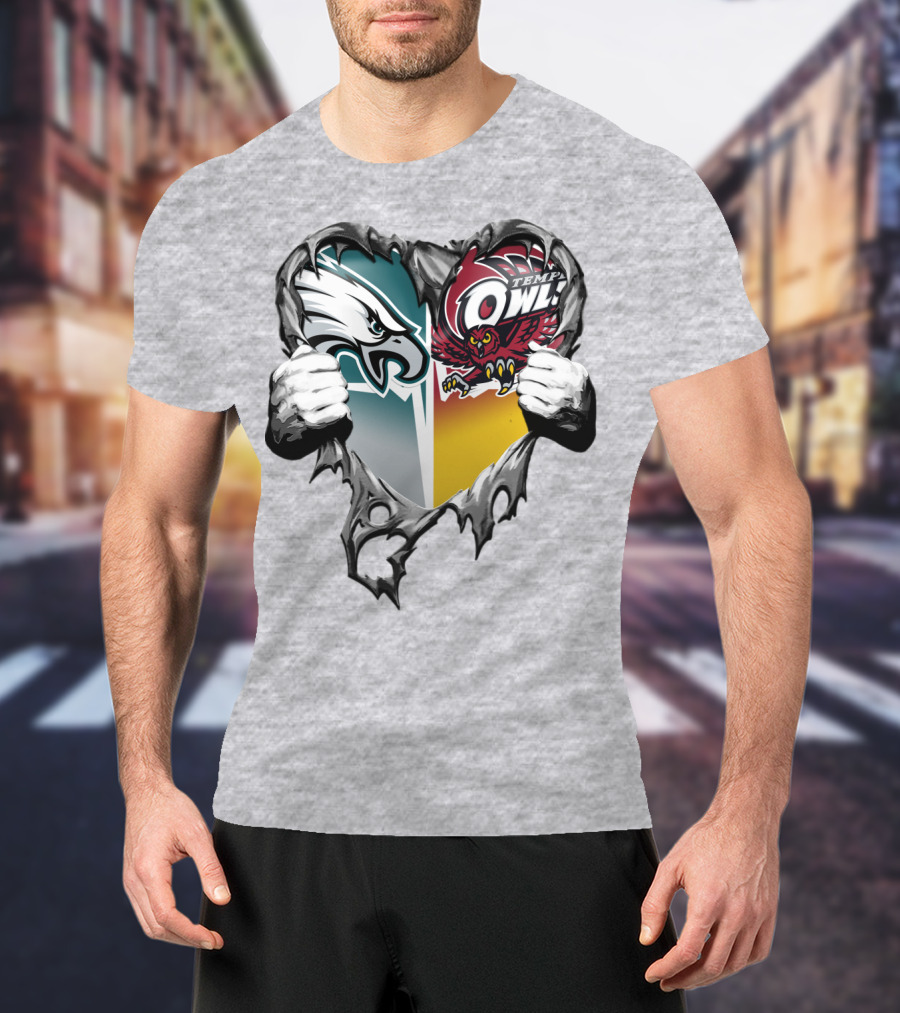 Philadelphia Eagles Temple Owls Heart Logo Rip T-Shirt