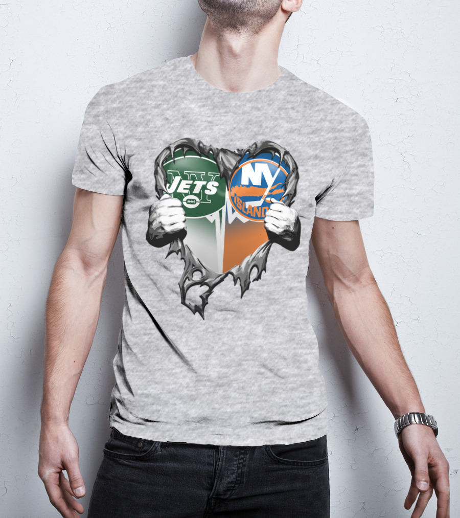 Jets Islanders Heart Rip Torn Metal Hands T-Shirt