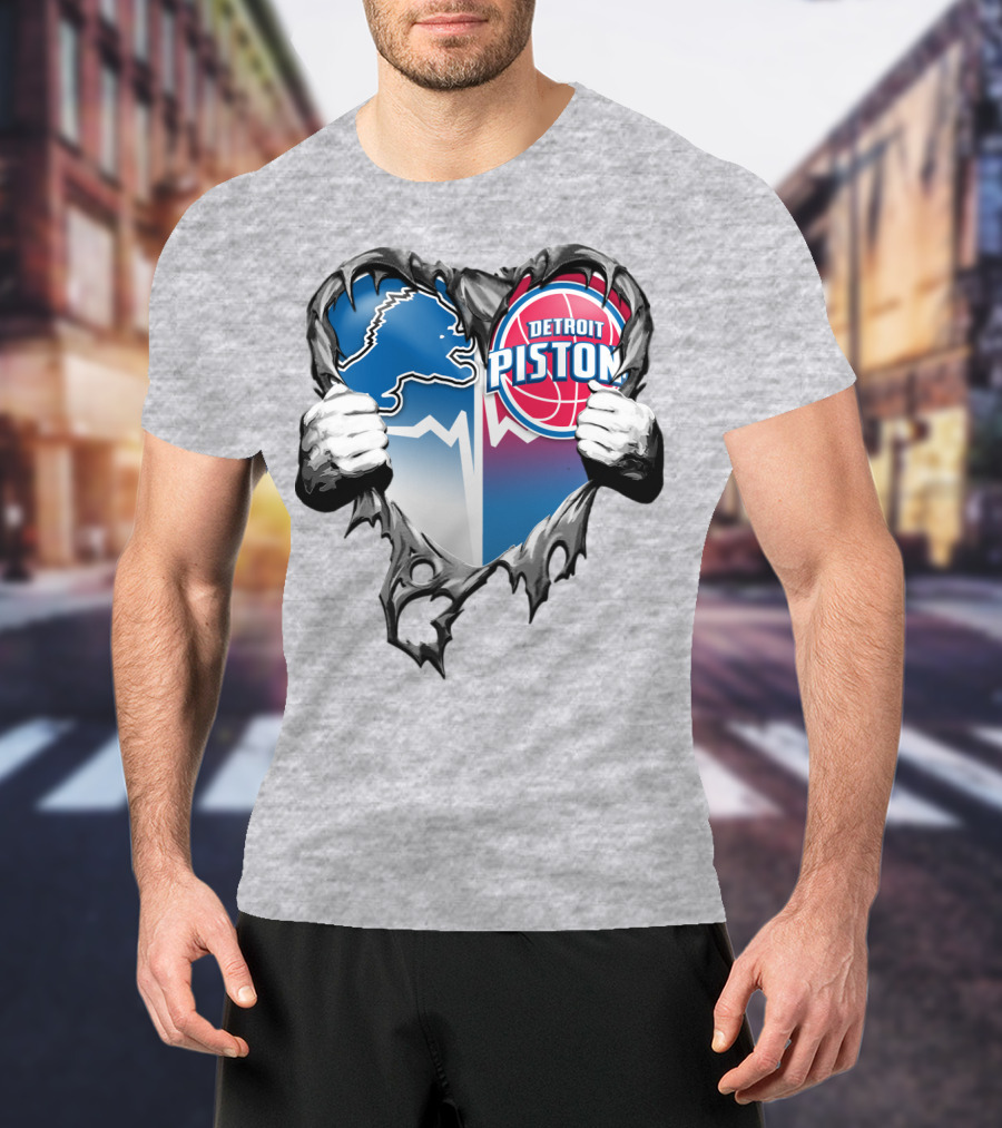 Detroit Lions And Detroit Pistons Heart Logo Fusion T-Shirt
