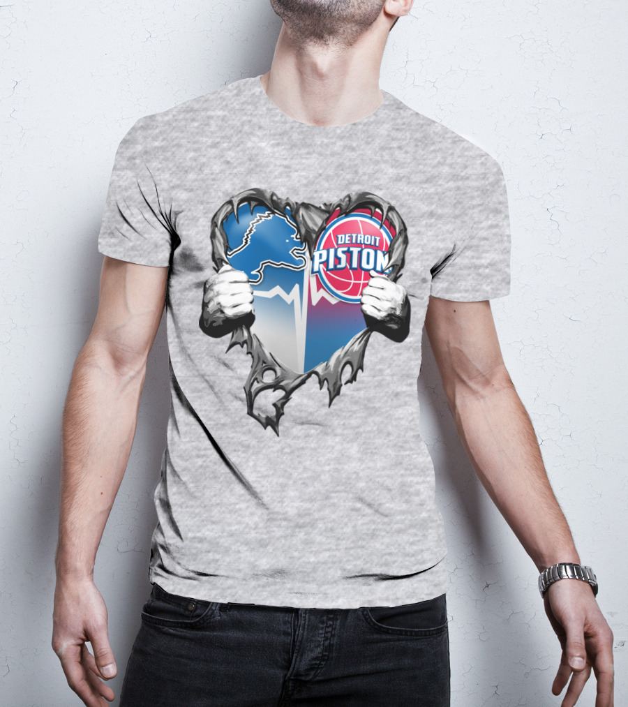 Detroit Lions And Detroit Pistons Heart Logo Fusion T-Shirt