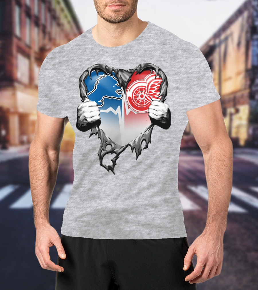 Xatt073 Detroit Lions Red Wings Heart Rip T-Shirt