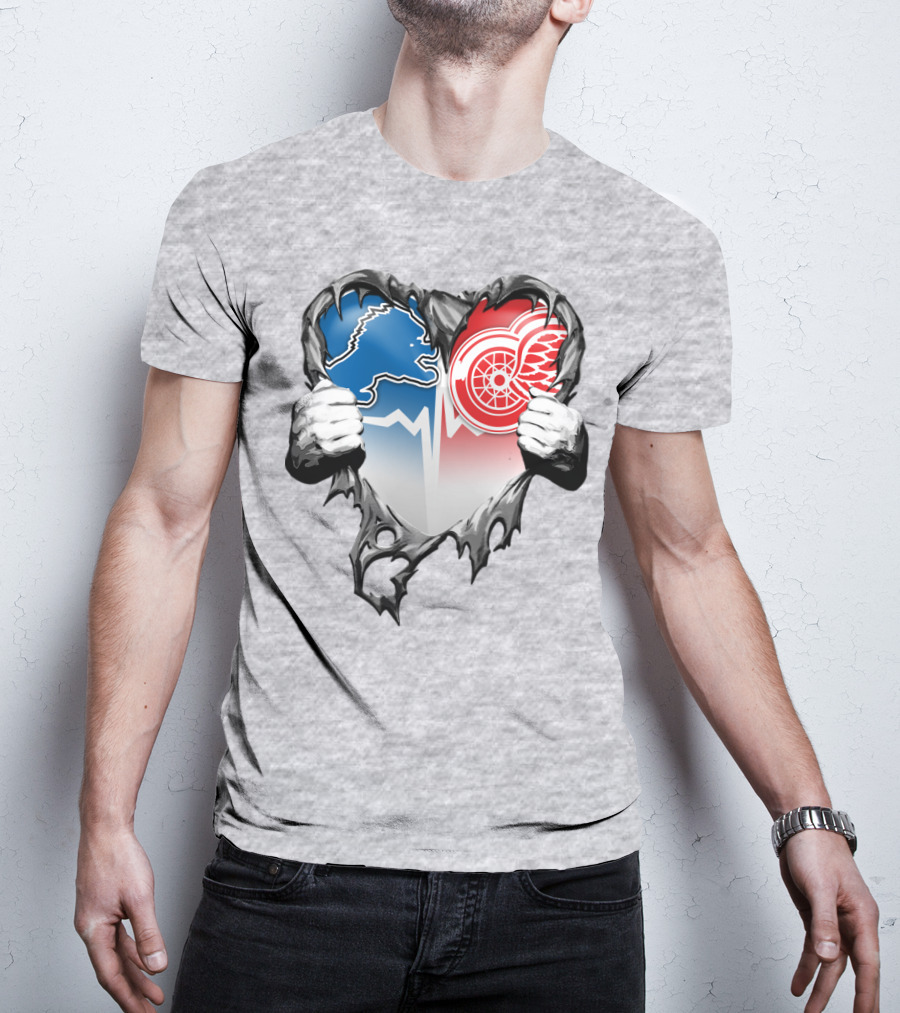 Xatt073 Detroit Lions Red Wings Heart Rip T-Shirt