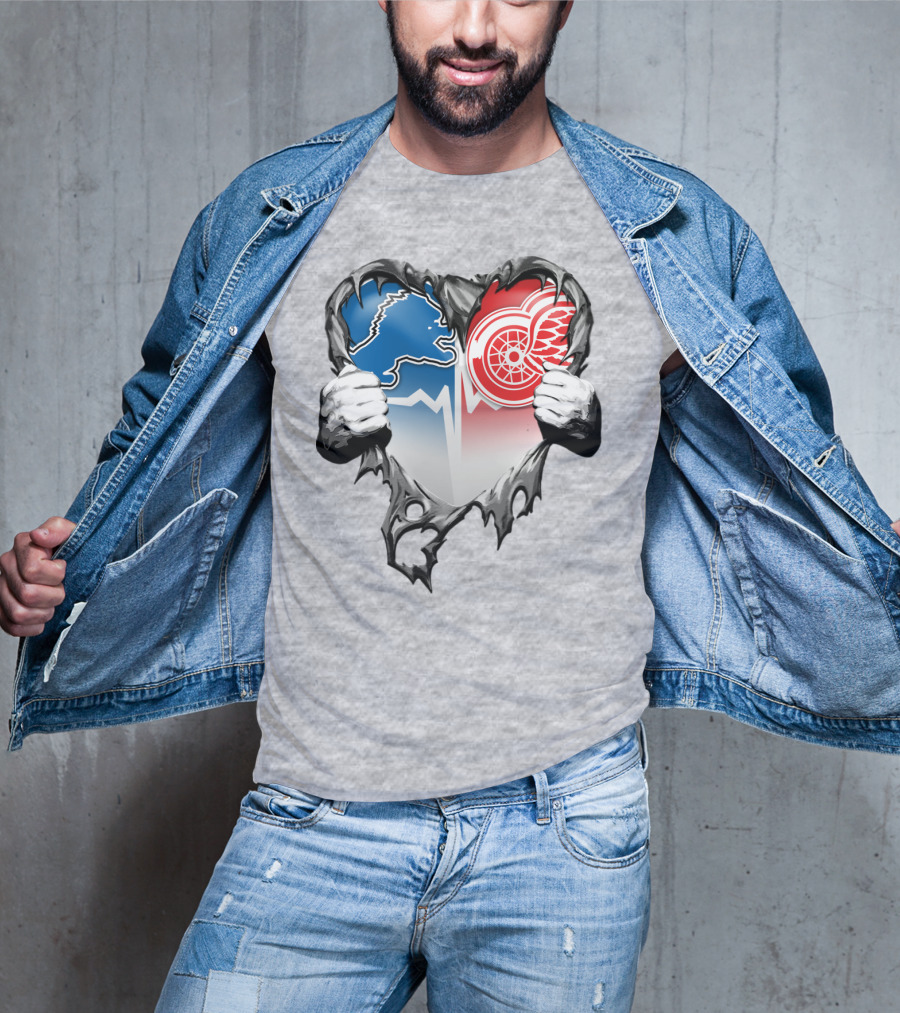 Xatt073 Detroit Lions Red Wings Heart Rip T-Shirt