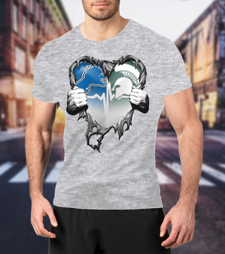 Detroit Lions And Michigan State Spartans Heart Logo Collaboration T-Shirt