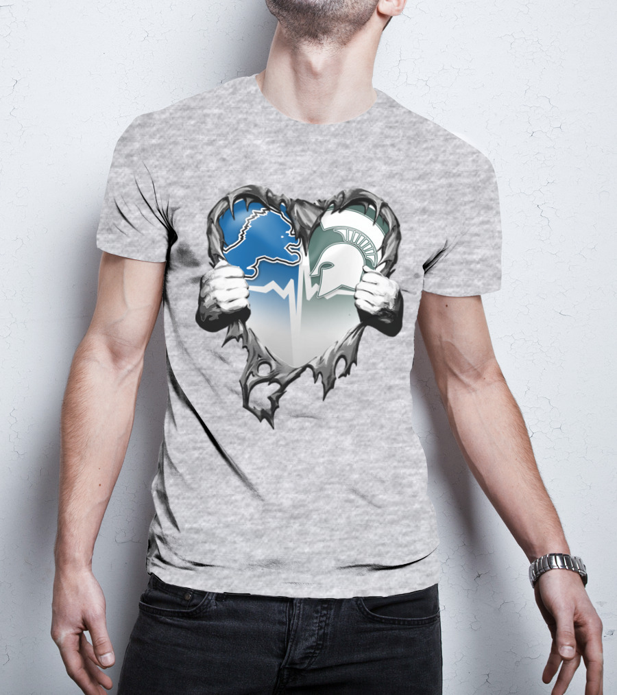 Detroit Lions And Michigan State Spartans Heart Logo Collaboration T-Shirt