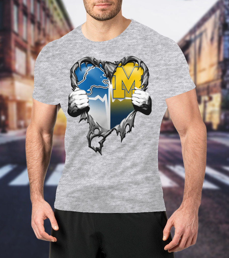 Detroit Lions And Michigan Wolverines Split Heart T-Shirt