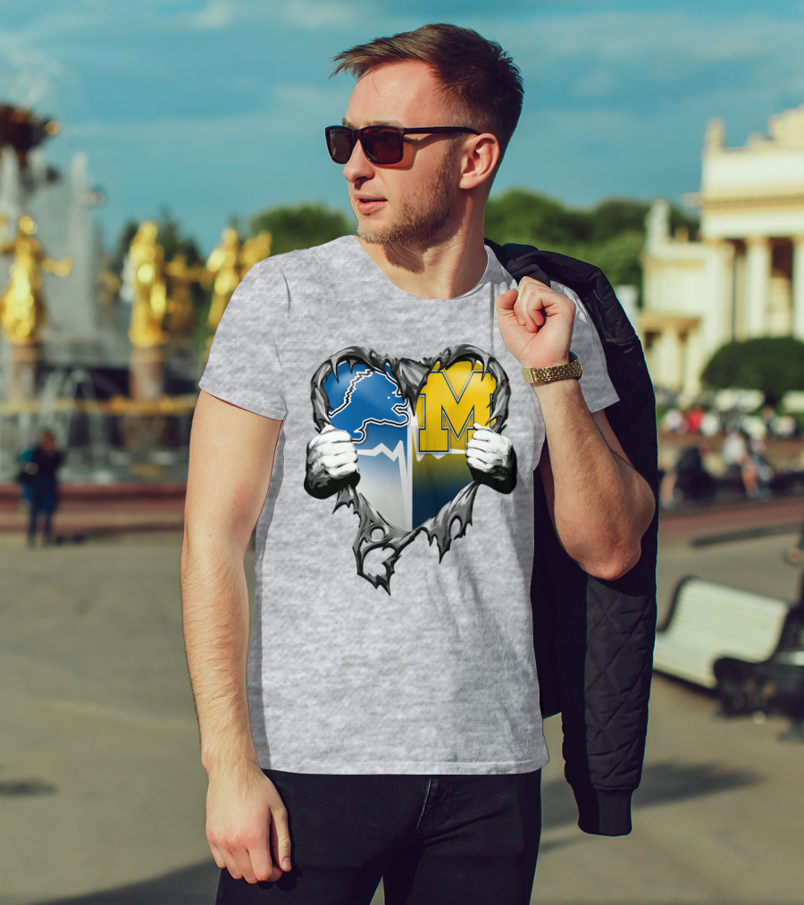 Detroit Lions And Michigan Wolverines Split Heart T-Shirt
