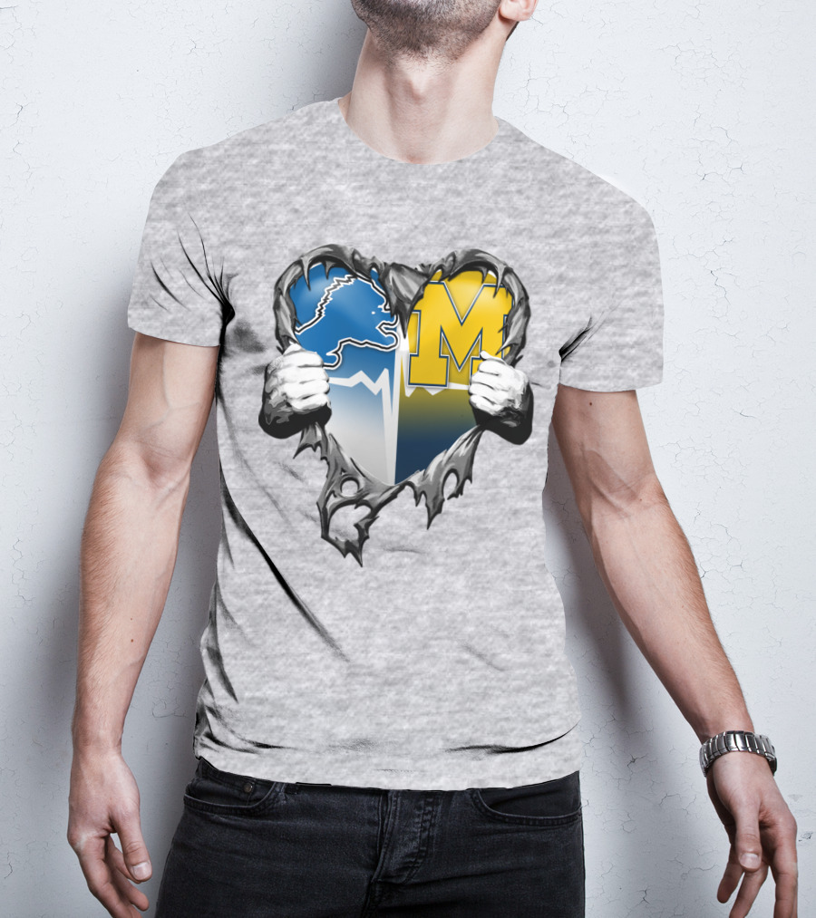 Detroit Lions And Michigan Wolverines Split Heart T-Shirt
