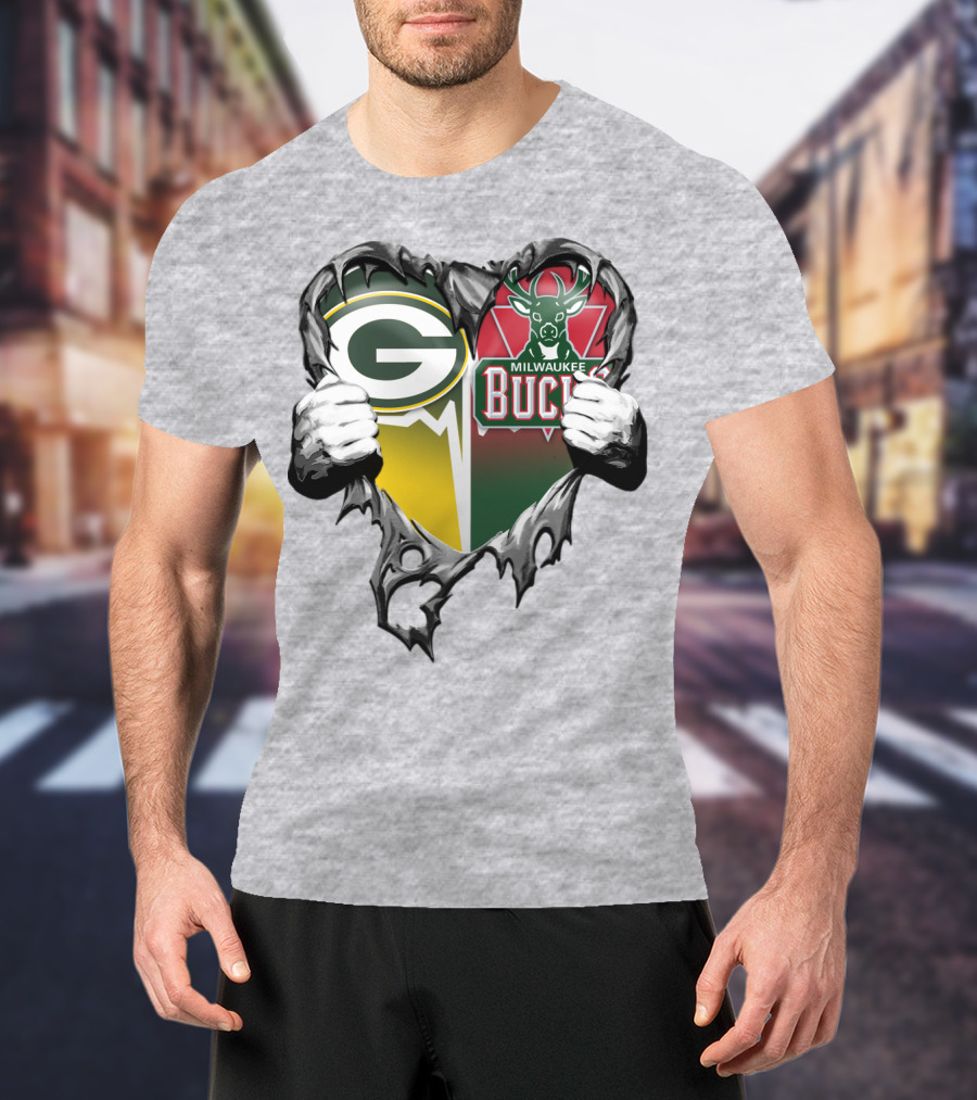Green Bay Packers Milwaukee Bucks Heart T-Shirt