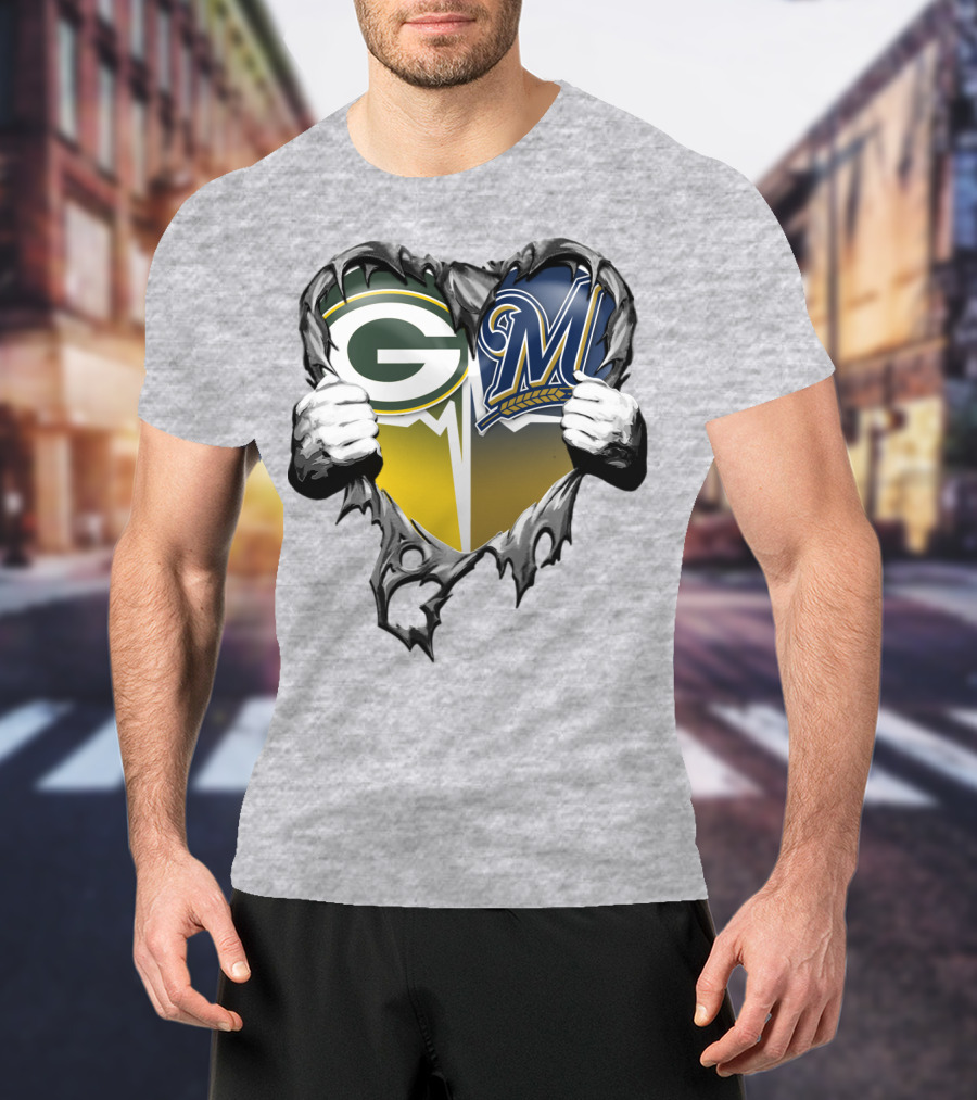 Green Bay Packers Milwaukee Brewers Heart Tear T-Shirt