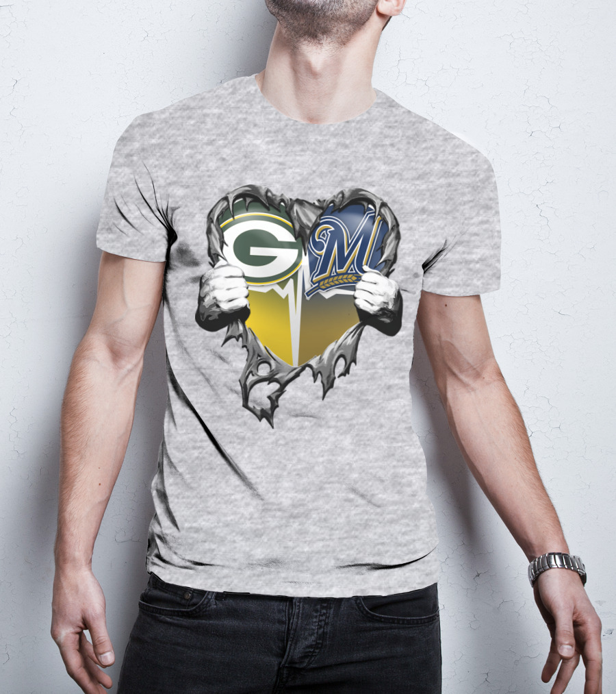 Green Bay Packers Milwaukee Brewers Heart Tear T-Shirt